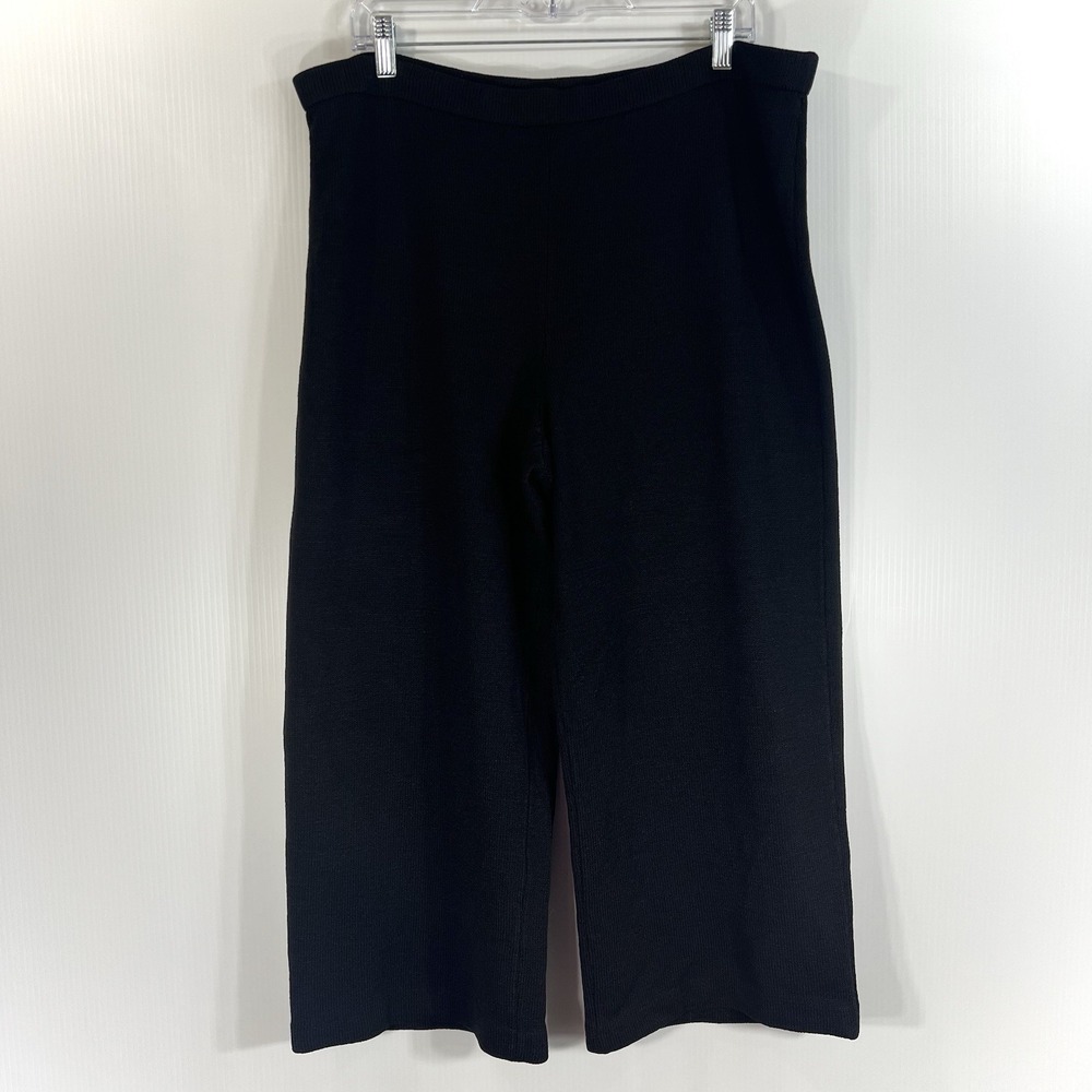 ST JOHN Caviar Wide Leg Pants Size 14 Black Knit Pull On Elastic Waist *READ*
